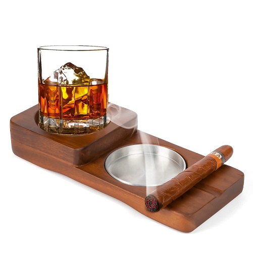 Engraved Wooden Ashtray with Whiskey Glass