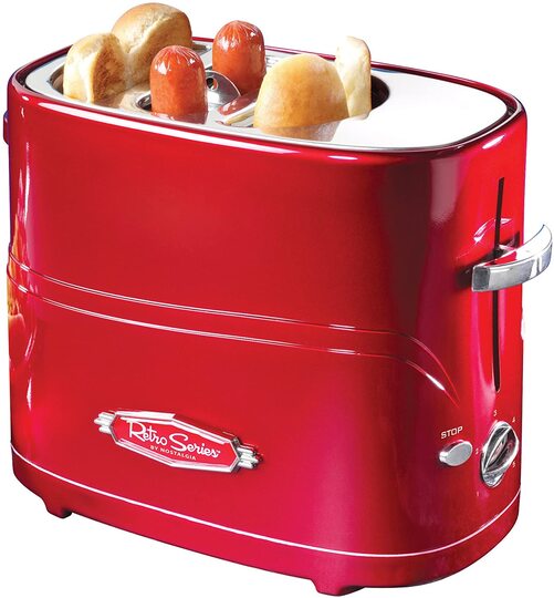 Nostalgia-2-Slot-Hot-Dog-and-Bun-Toaster-with-Mini-Tongs_white-elephant-gifts-everyone-will-fight-for