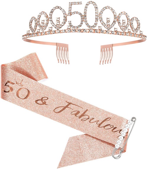 Rose Gold Birthday Sash Crown  50th birthday gifts women