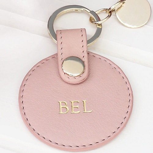 Personalized Blush Leather Circle Keyring