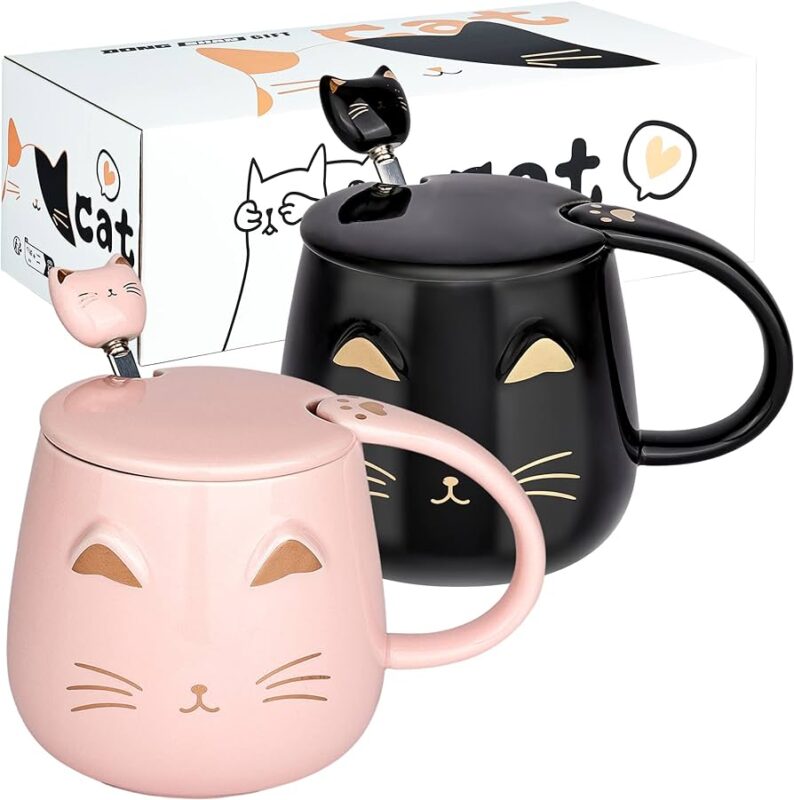 Set of 2 Cute Cat Coffee Mugs With Spoons