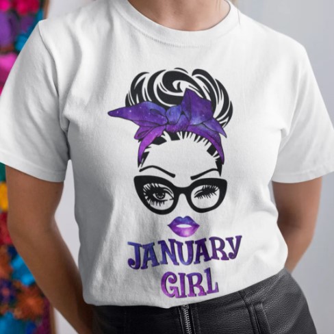 January Birthday Girl T Shirt Black Glasses Purple Headband