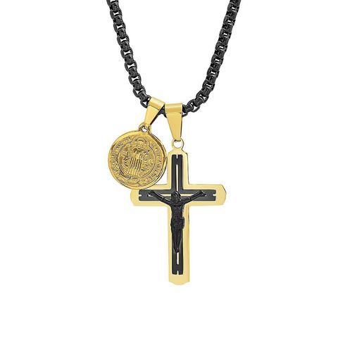 Anthony Jacobs Black IP Stainless Steel Cross Pendant Necklace