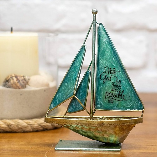 'With God All Things Are Possible' Metal Table Top Sailboat